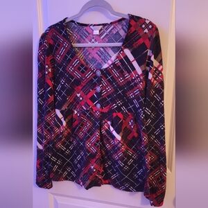 Christopher & Banks Red, Black And White Plaid Button-Up Women's Peplum Top